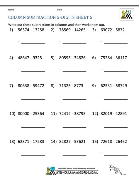 Column Subtraction 5 Digit Numbers Worksheet