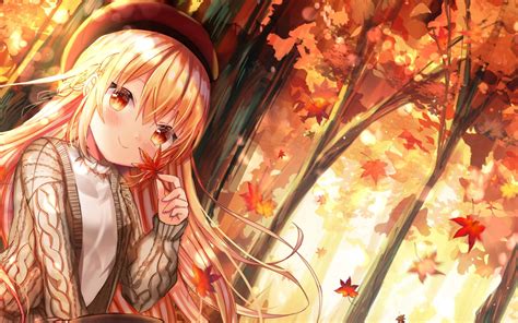 Download 2560x1600 Pretty Anime Girl Autumn Sitting Trees Fall