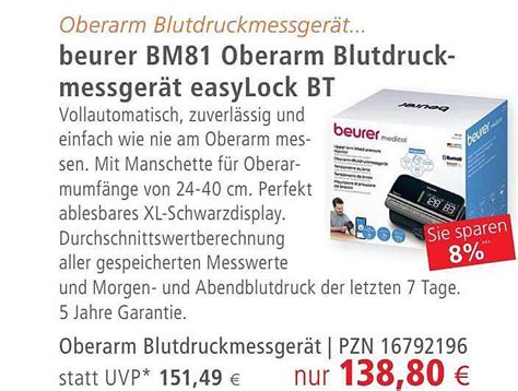 Beurer Bm81 Oberarm Blutdruckmessgerät Easylock Bt Angebot Bei Apotal