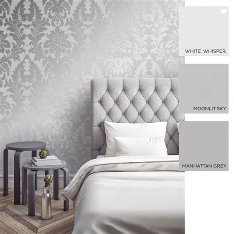 Shimmer Metallic Grande Damask Wallpaper In Soft Grey And Silver Silver