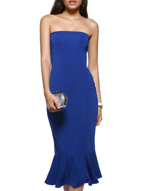 [17 Off] 2021 Trendy Strapless Solid Color Backless Bodycon Dress In Blue Dresslily