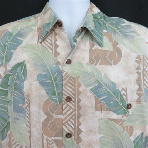 Tori Richard Aloha Hawaiian Shirt Mens L Blue Green Tan Leaves Tapa