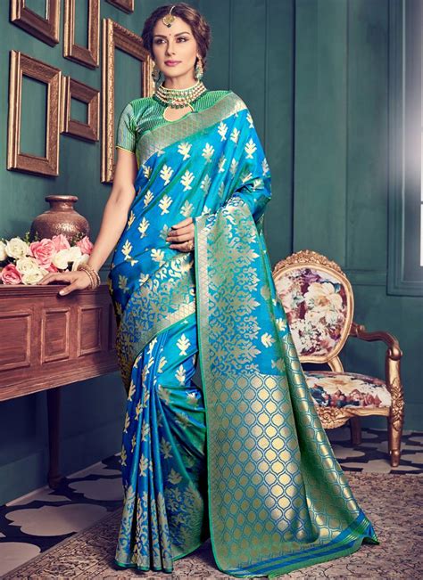 Buy Sky Blue Woven Kanchipuram Silk Saree With Blouse Online