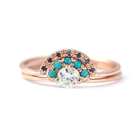Turquoise Bridal Wedding Set Rose Gold Wedding Set Diamond Ring With