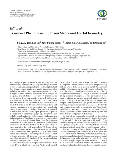 Pdf Transport Phenomena In Porous Media And Fractal Geometry