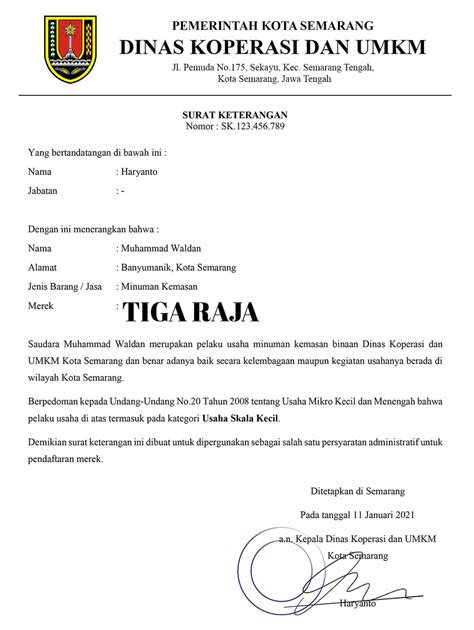 Contoh Surat Keterangan UMK