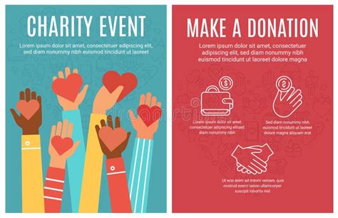 charity event flyer donation and volunteering poster hands donate hearts and line icon