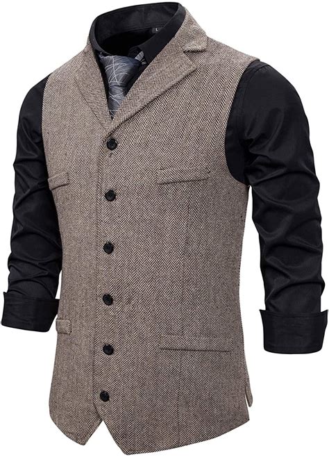 Atryone Mens Herringbone Waistcoat 6 Button Wool Tweed Suit Vest With