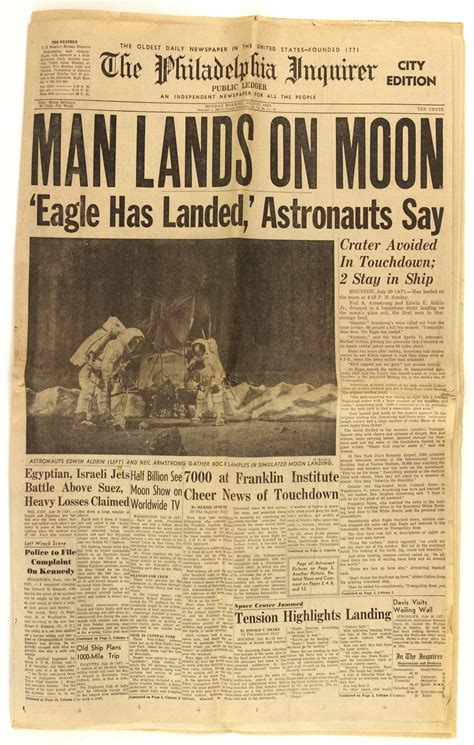 lot detail 1969 philadelphia inquirer newspaper featuring man lands on moon