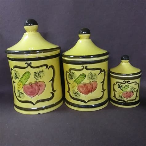 Farmhouse Ceramic Canisters Set Of 3 Hand Painted Design Etsy