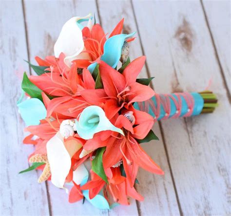 Natural Touch Wedding Bouquet Coral Turquoise Aqua Teal Callas And