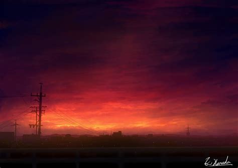 City Anime Sky Dark Sunlight Power Lines Hd Wallpaper