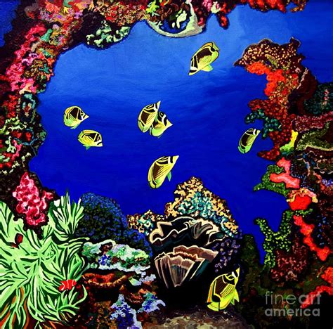 Angelfish family in coral reef colorful of marine lifes. Coral Reef Painting by Brenda Marik-schmidt
