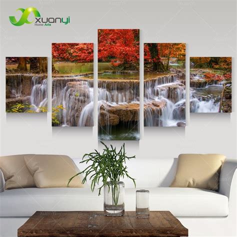 5 Pcs Waterfall Forestrees Canvas Painting Fall Landscape Painting Wall