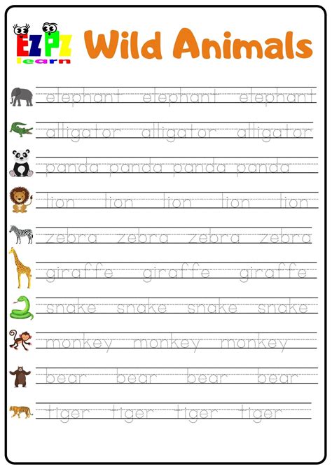 Wild Animals Word Tracing Worksheet