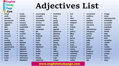 English Adjectives List With Meaning