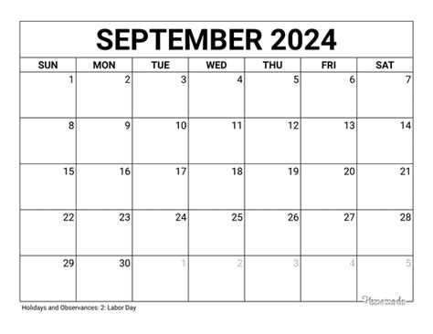 September Calendar Free Printable With Holidays