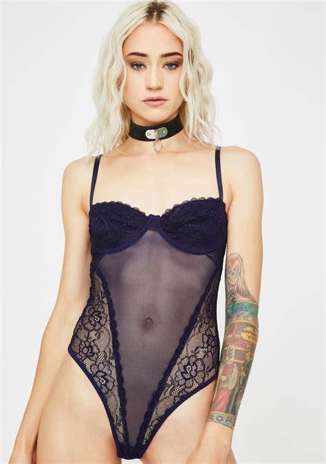 sheer floral lace panel underwire bodysuit navy blue dolls kill
