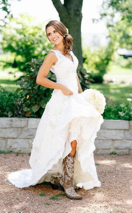 2022 Vintage A Line V Neck Lace Long Wedding Dresses Western Style Wedding Dress Cowgirl