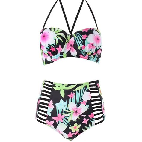 Plus Size Bikini Floral High Waist Swimsuit Large Size Halter Swimwear Women Retro Print Bathing