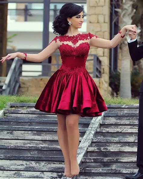 2015 Burgundy Satin Lace Cocktail Dresses Said Mhamad Short Prom Dresses Long Sleeve Sheer Back