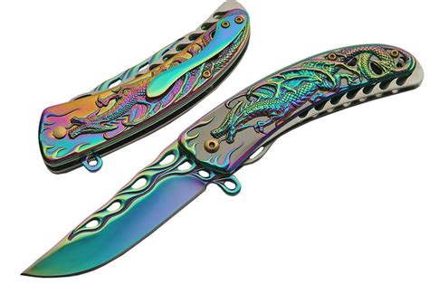 Spring Assist Folding Knife Stainless Steel Rainbow Dragon B