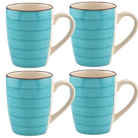 Coffee Mug Set Of 8 Turquoise Swirl Stoneware Mugs 12 Oz For Tea
