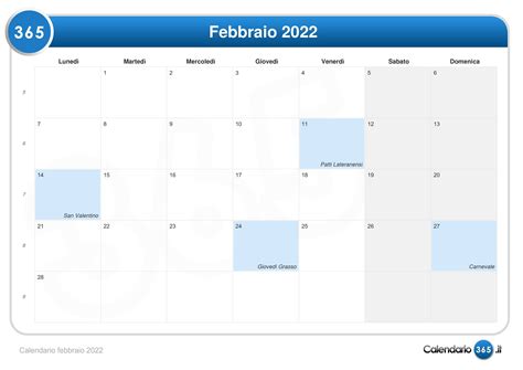 Calendario Febbraio 2022