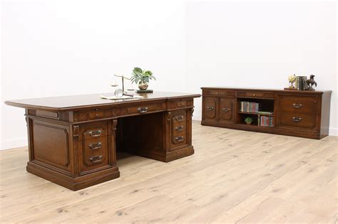 Oak Vintage Office Or Library Executive Desk And Credenza Set Romweber