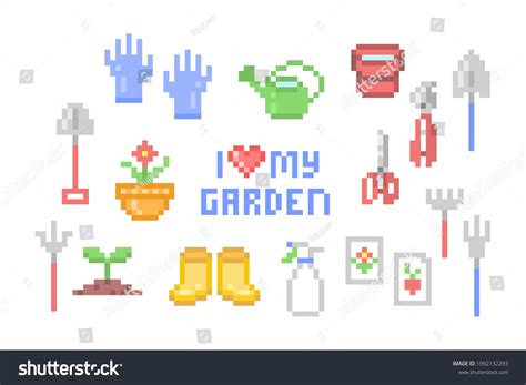 Big Set Pixel Art Gardening Tool เวกเตอรสตอก ปลอดคาลขสทธ Shutterstock