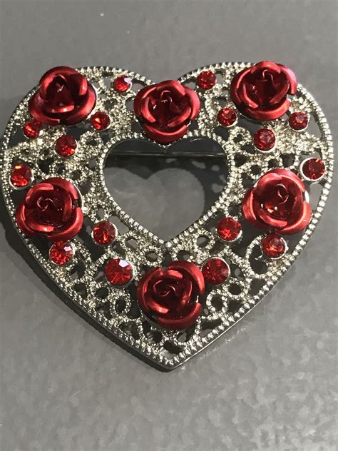 Vintage Heart With Roses And Rhinestones Brooch Red Rhinestone