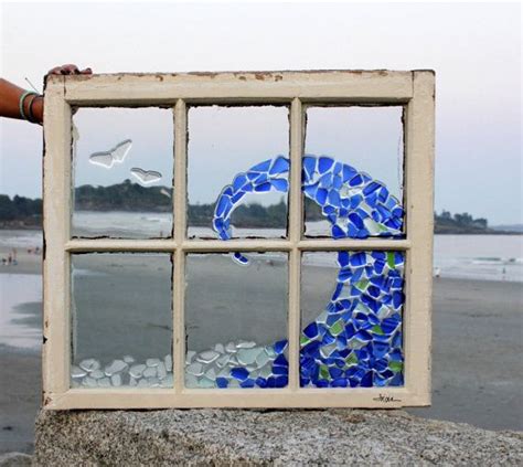 Coastal Art Sea Glass Or Beach Glass Ocean Wave And Seagulls From