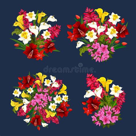 Flower Bouquets Spring Floral Icons Vector Set Stock Vector