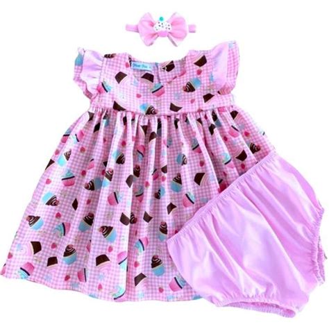 Vestido Bebe Menina 3 Peças Com Calcinha E Tiara 100 Algodão Cupcake