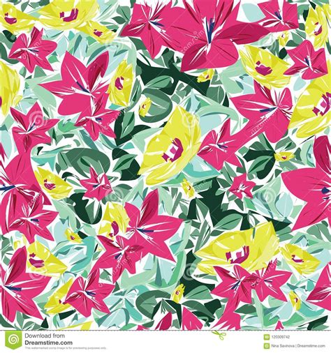 Bright And Colorful Hand Drawn Hawaiian Tropical Leaves And Flowers