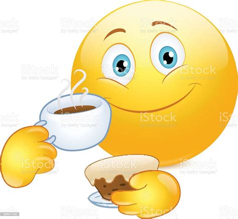 Emoticon Drinking Coffee With Cake Stock Vector Art 530471491 Istock