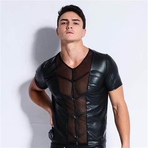 Latex Men Faux Leather T Shirts Male Fashion Undershirts Men Black Tees