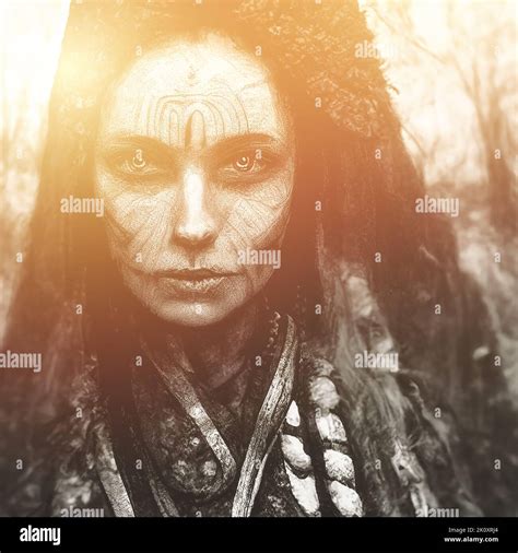 Old Native American Indian Woman Face On Abstract Background Stock