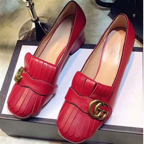 Gucci Women Shoes Leather Mid Heel Pump 50mm Heel Red Lulux