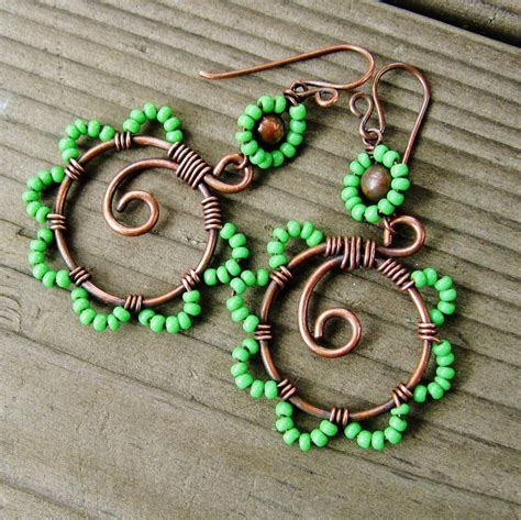 Bead Dance Wire Wrapped Antiqued Copper Hoops Earrings With Seed