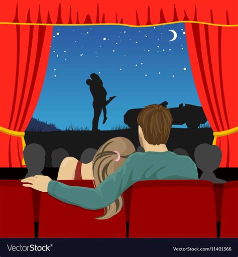 Back View Of Couple Of Lovers Watching Romantic Movie In Cinema Theater