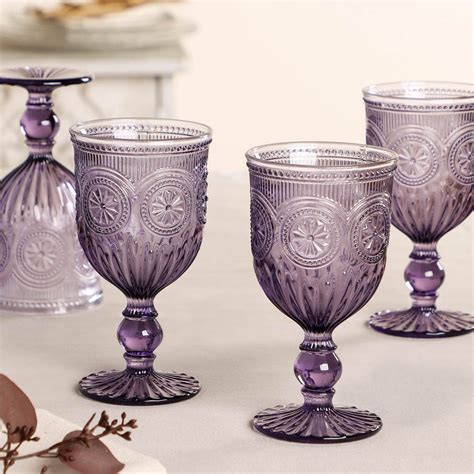 Set Of Four Purple Embossed Wine Glasses By Dibor