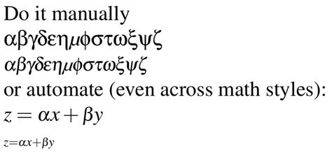 They are organized into seven classes based on their role in a mathematical expression. How to have italic Greek letters with pslatex package ...