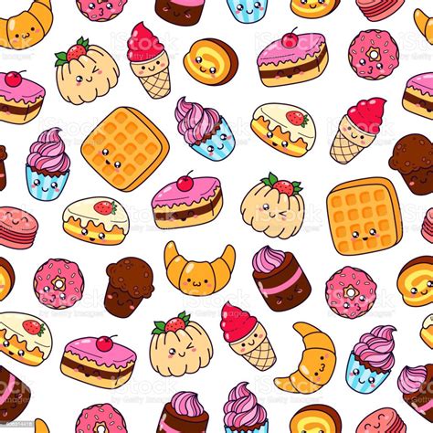 Set Of Vector Cartoon Doodle Icons Dessert Cake Ice Cream Sweets Food