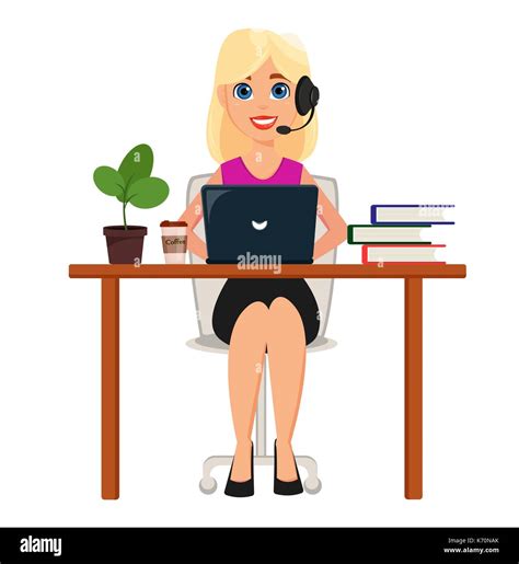 Business Woman Working On Laptop At Her Office Desk Pretty Cartoon Character With Headset Cute