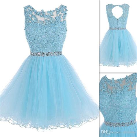 Light Sky Blue Short Prom Dresses 2016 Lace Sheer Neck Open Back Homecoming Gowns Tulle Beaded