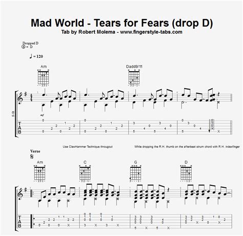 Quality Tab For The Song Mad World From Tears For Fears