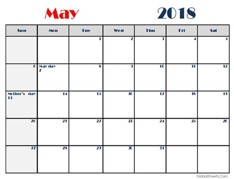 May 2018 Calendar Excel Template