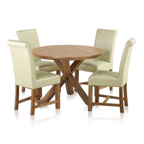 Natural Oak Round Dining Set Table 4 Cream Leather Chairs