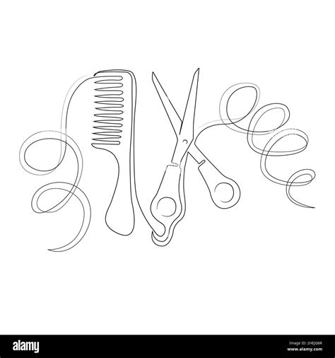 Comb And Scissors Hairdressing Set Drawn In One Line Isolated Stock